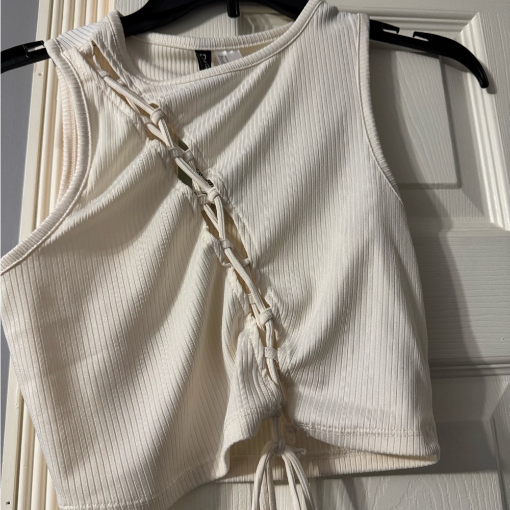 H&M Cream Ribbed Crop Tank Top with Tie Front